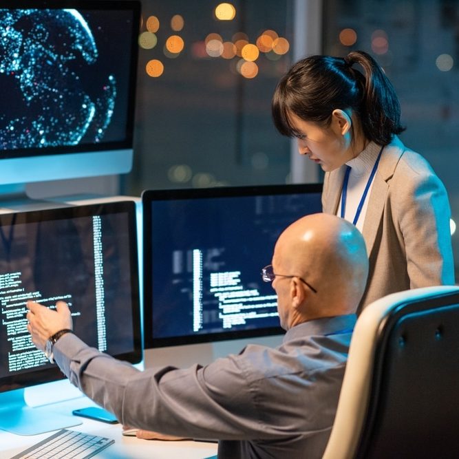 Mature,Bald,Businessman,Showing,His,Young,Asian,Female,Subordinate,New